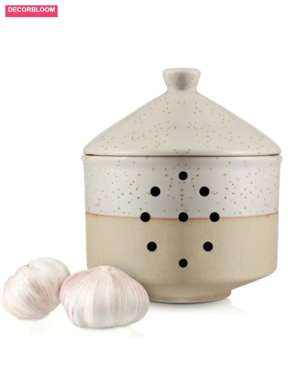 Large Ceramic Garlic Keeper with Lid & Holes, 4